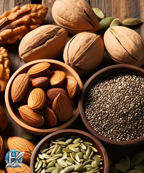 المكسرات والبذور اللوز، الجوز، بذور الشيا، بذور الكتان.