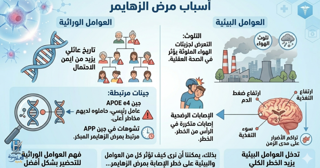 خريطة بصرية توضح تداخل العوامل الوراثية والجينات مع المؤثرات البيئية كالتلوث وإصابات الرأس في زيادة خطر الإصابة