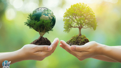 الصورة تُظهر يدين تحملان رمزين للطبيعة، الأولى تحتضن شتلة على شكل الكرة الأرضية، والثانية تحمل شجرة مزدهرة، في إشارة إلى العلاقة بين الإنسان والبيئة وأهمية الحفاظ على التوازن الطبيعي.
