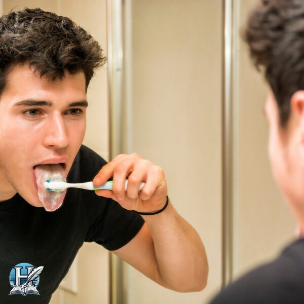 a man brushing his teeth in the mirror