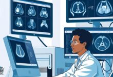 طبيب مختص في الفيزياء الطبية يراقب صور أشعة طبية عبر شاشات متعددة في مختبر طبي متقدم.