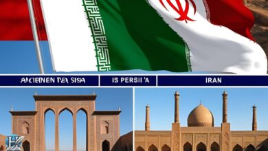 علم إيران ومبانٍ معمارية تاريخية فارسية تمثل العلاقة بين بلاد فارس وإيران.