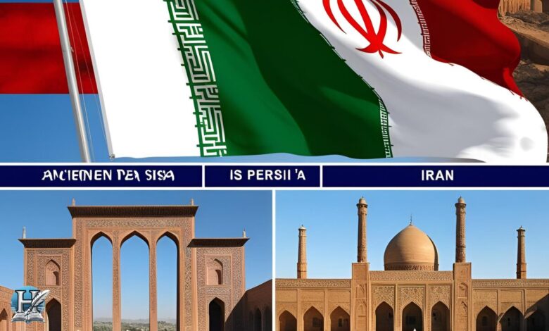 علم إيران ومبانٍ معمارية تاريخية فارسية تمثل العلاقة بين بلاد فارس وإيران.