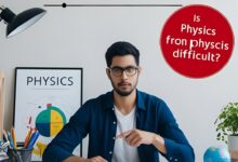 شاب يجلس أمام ملصق عن الفيزياء، مع سؤال باللغة الإنجليزية حول صعوبة الفيزياء، مناسب لمقال يتناول تحديات تعلم مادة الفيزياء.