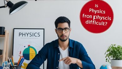 شاب يجلس أمام ملصق عن الفيزياء، مع سؤال باللغة الإنجليزية حول صعوبة الفيزياء، مناسب لمقال يتناول تحديات تعلم مادة الفيزياء.