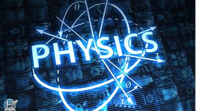 رسم توضيحي رقمي لكلمة "Physics" يبرز الرموز الفيزيائية، يعكس التداخل بين الفيزياء والتكنولوجيا، في سياق وظيفة الفيزياء الطبية.