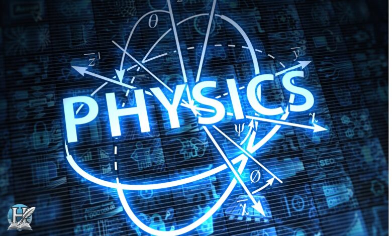 رسم توضيحي رقمي لكلمة "Physics" يبرز الرموز الفيزيائية، يعكس التداخل بين الفيزياء والتكنولوجيا، في سياق وظيفة الفيزياء الطبية.