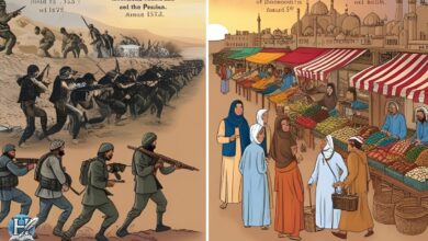 جنود فرس في معركة حربية على اليسار، ومشهد سوق فارسي تقليدي يعج بالحياة على اليمين، يوضحان الانتقال من زمن الصراع إلى زمن الحضارة.
