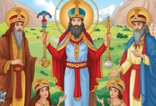 رسم تعبيري لرجال دين من المجوس يرتدون ملابس طقسية فاخرة، في مشهد رمزي يعكس طقوس الديانة المجوسية القديمة.