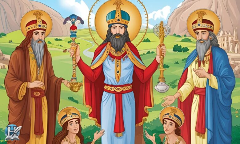 رسم تعبيري لرجال دين من المجوس يرتدون ملابس طقسية فاخرة، في مشهد رمزي يعكس طقوس الديانة المجوسية القديمة.