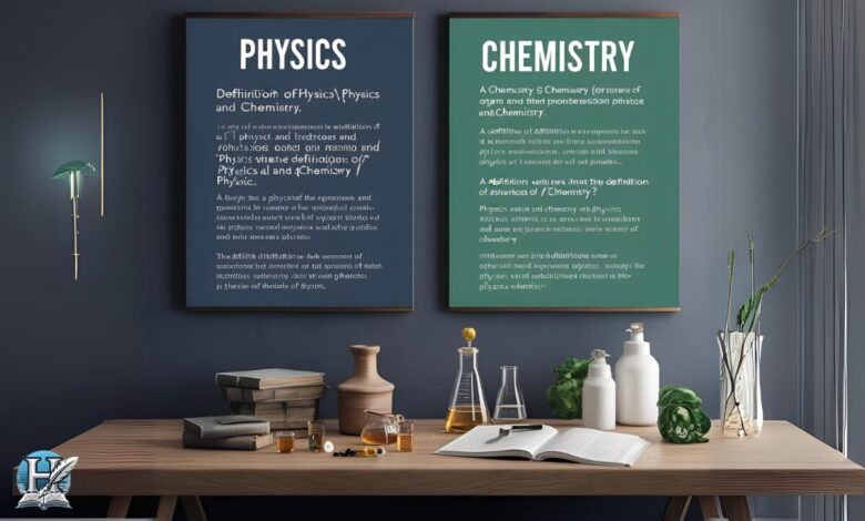 لوحتان معلقتان على جدار، الأولى بعنوان "Physics" والثانية "Chemistry"،