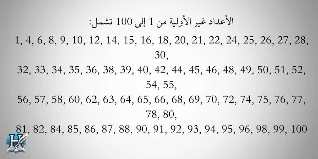 قائمة بالاعداد غير الاولية من 1 الى 100