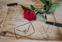 رسالة حب رومانسية مع وردة حمراء وقلم حبر على ورق قديم.
