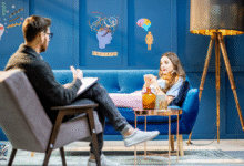 جلسة إرشاد نفسي بين معالج وامرأة في عيادة حديثة توضح الفارق بين الإرشاد النفسي وعلم النفس.