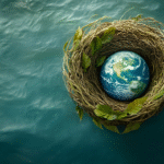 صورة رمزية تُظهر كوكب الأرض في عش من الأغصان وسط مياه زرقاء، ترمز إلى احتضان المحيطات للحياة على الكوكب.