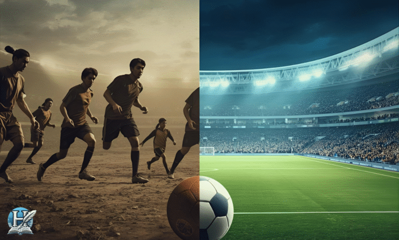 صورة تعبّر عن تطور كرة القدم من المباريات القديمة في الملاعب الترابية إلى الملاعب الحديثة المضيئة، تمثل رحلة تطور اللعبة عبر العصور.