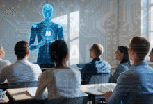 مجموعة طلاب يشاهدون عرضاً تعليمياً يحتوي على نموذج افتراضي للذكاء الاصطناعي داخل قاعة دراسية.