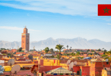 منظر لمدينة مراكش المغربية يظهر فيه جامع الكتبية وخلفه جبال الأطلس تحت سماء صافية.