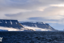 مشهد طبيعي من سواحل المحيط المتجمد الشمالي يظهر فيه الجليد والجبال المغطاة بالثلوج تحت سماء غائمة.