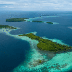 صورة جوية لجزر خضراء وسط مياه فيروزية في المحيط الهندي، تُظهر جمال الشعاب المرجانية وتنوّع الطبيعة البحرية.