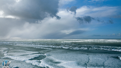 مشهد واسع للمحيط الجنوبي المتجمد، تُغطيه طبقات من الجليد العائم تحت سماء غائمة وزرقاء.