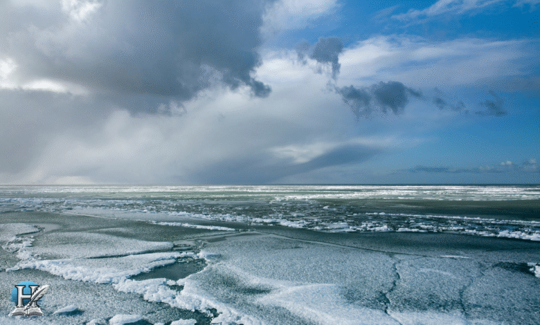 مشهد واسع للمحيط الجنوبي المتجمد، تُغطيه طبقات من الجليد العائم تحت سماء غائمة وزرقاء.