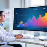 طبيب يستخدم نظام ذكاء اصطناعي لتحليل البيانات الطبية وعرض مخططات علاجية على شاشة رقمية.