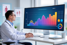 طبيب يستخدم نظام ذكاء اصطناعي لتحليل البيانات الطبية وعرض مخططات علاجية على شاشة رقمية.