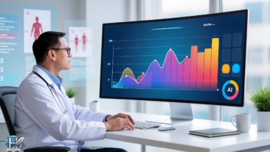طبيب يستخدم نظام ذكاء اصطناعي لتحليل البيانات الطبية وعرض مخططات علاجية على شاشة رقمية.