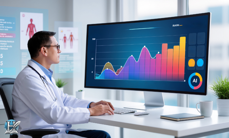 طبيب يستخدم نظام ذكاء اصطناعي لتحليل البيانات الطبية وعرض مخططات علاجية على شاشة رقمية.