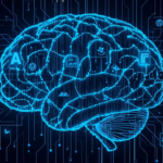 دماغ رقمي مع أيقونات الكتابة يعكس الذكاء الاصطناعي في إنتاج المحتوى