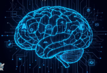 دماغ رقمي مع أيقونات الكتابة يعكس الذكاء الاصطناعي في إنتاج المحتوى