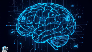 دماغ رقمي مع أيقونات الكتابة يعكس الذكاء الاصطناعي في إنتاج المحتوى