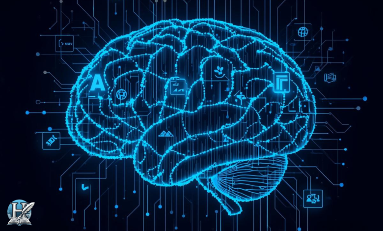 دماغ رقمي مع أيقونات الكتابة يعكس الذكاء الاصطناعي في إنتاج المحتوى