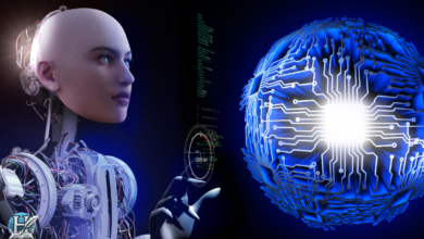 روبوت ذكي بشري الشكل يتفاعل مع نواة رقمية تمثل الذكاء الاصطناعي وتطور الروبوتات الحديثة