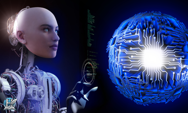 روبوت ذكي بشري الشكل يتفاعل مع نواة رقمية تمثل الذكاء الاصطناعي وتطور الروبوتات الحديثة