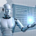 روبوت متقدم يعرض واجهة رقمية مليئة بالمعادلات والخوارزميات، في مشهد يرمز إلى التحديات والمخاطر المتقدمة للذكاء الاصطناعي.