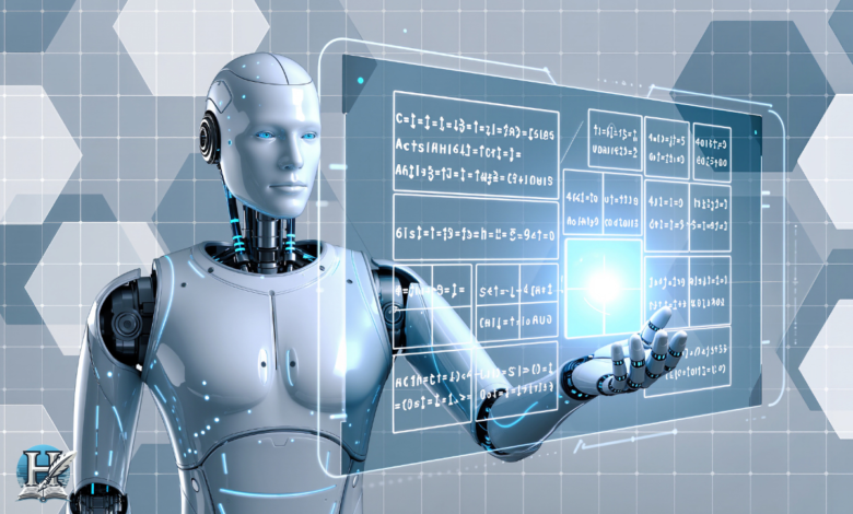 روبوت متقدم يعرض واجهة رقمية مليئة بالمعادلات والخوارزميات، في مشهد يرمز إلى التحديات والمخاطر المتقدمة للذكاء الاصطناعي.