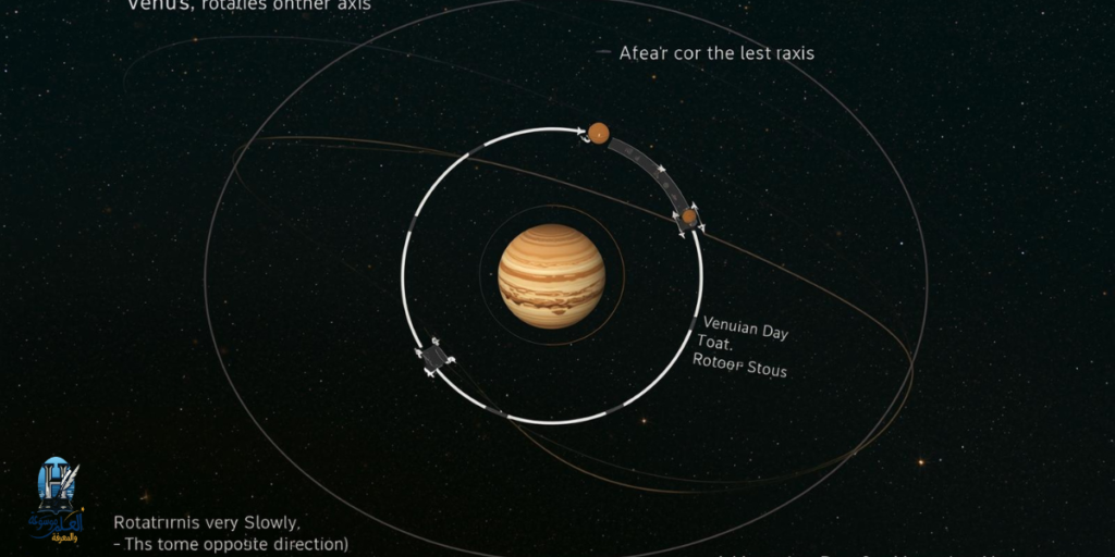 رسم بياني يوضح دوران الزهرة حول نفسه مقارنة بدورانه حول الشمس.