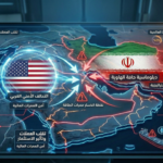 قال Gemini إنفوجرافيك رقمي مضاء على شاشة تابلت يعرض خارطة جيوسياسية تفصيلية للجزيرة العربية وإيران. يظهر علم الولايات المتحدة وعلم إيران ضمن دوائر، متصلين بخطوط توتر ونقاط صراع فوق مضيق هرمز مع علامات تحذيرية.
