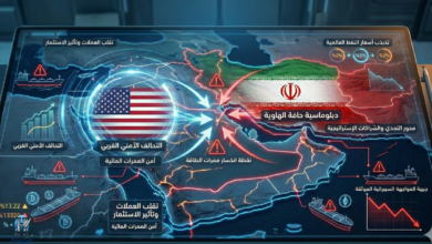 قال Gemini إنفوجرافيك رقمي مضاء على شاشة تابلت يعرض خارطة جيوسياسية تفصيلية للجزيرة العربية وإيران. يظهر علم الولايات المتحدة وعلم إيران ضمن دوائر، متصلين بخطوط توتر ونقاط صراع فوق مضيق هرمز مع علامات تحذيرية.