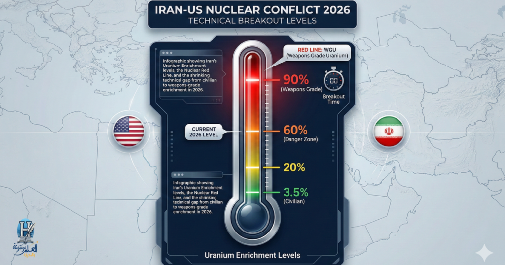 إنفوجرافيك يوضح مستويات تخصيب اليورانيوم الإيراني والخط الأحمر النووي والمسافة التقنية بين التخصيب المدني والعسكري في عام 2026.