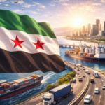 العلم السوري الجديد يرفرف فوق مشهد اقتصادي حديث يضم ميناءً ومدينة حديثة