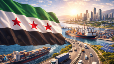 العلم السوري الجديد يرفرف فوق مشهد اقتصادي حديث يضم ميناءً ومدينة حديثة