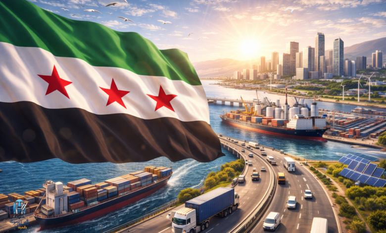 العلم السوري الجديد يرفرف فوق مشهد اقتصادي حديث يضم ميناءً ومدينة حديثة