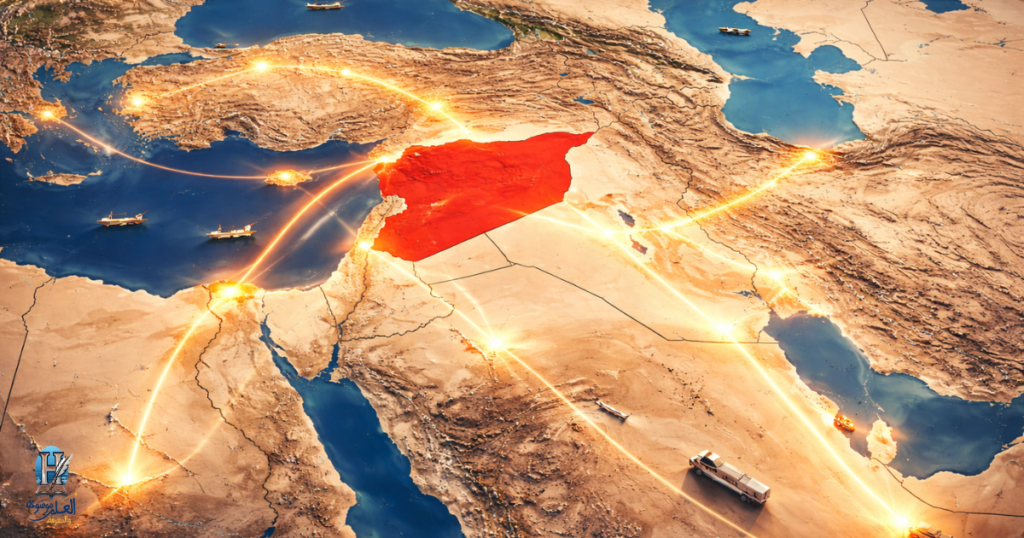 خريطة تظهر موقع سوريا كمركز ربط بين طرق التجارة الإقليمية