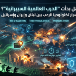 صورة تعبيرية بعنوان "هل بدأت الحرب العالمية السيبرانية؟" تظهر خريطة العالم مغطاة بشبكة بيانات رقمية زرقاء وخضراء.