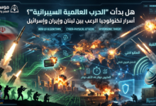 صورة تعبيرية بعنوان "هل بدأت الحرب العالمية السيبرانية؟" تظهر خريطة العالم مغطاة بشبكة بيانات رقمية زرقاء وخضراء.