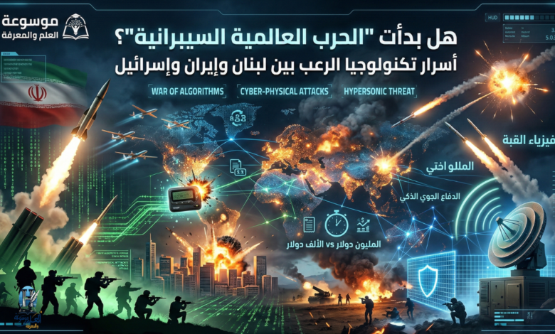 صورة تعبيرية بعنوان "هل بدأت الحرب العالمية السيبرانية؟" تظهر خريطة العالم مغطاة بشبكة بيانات رقمية زرقاء وخضراء.