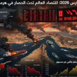 لوحة معلومات مرئية معقدة تصور سيناريو مستقبلي لصراع في مضيق هرمز في مارس 2026 يسبب حصارًا اقتصاديًا عالميًا. تظهر الصورة حريقًا في ناقلات نفط، وخرائط لتعطل التجارة والطاقة.